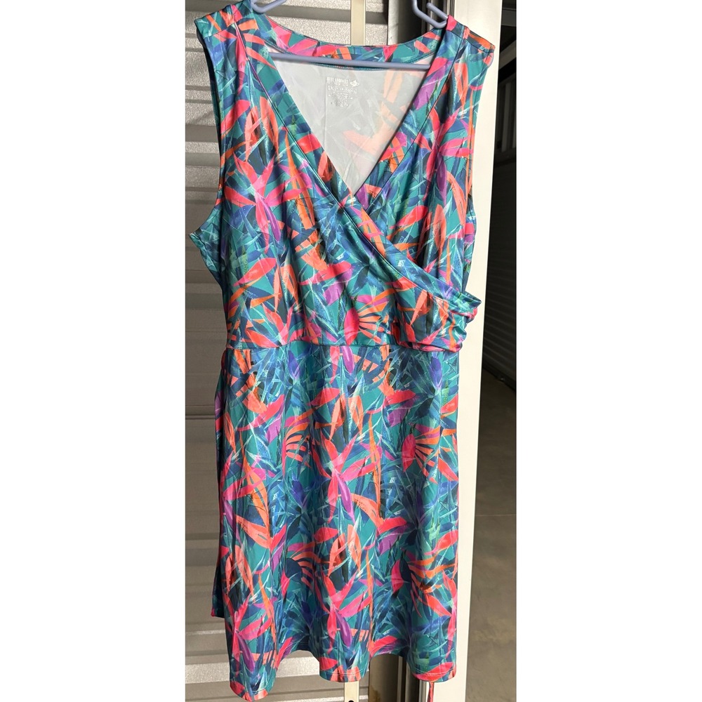Reel Legends Keep-It-Cool Tropical Sleeveless Wrap Dress Teal Pink 1X